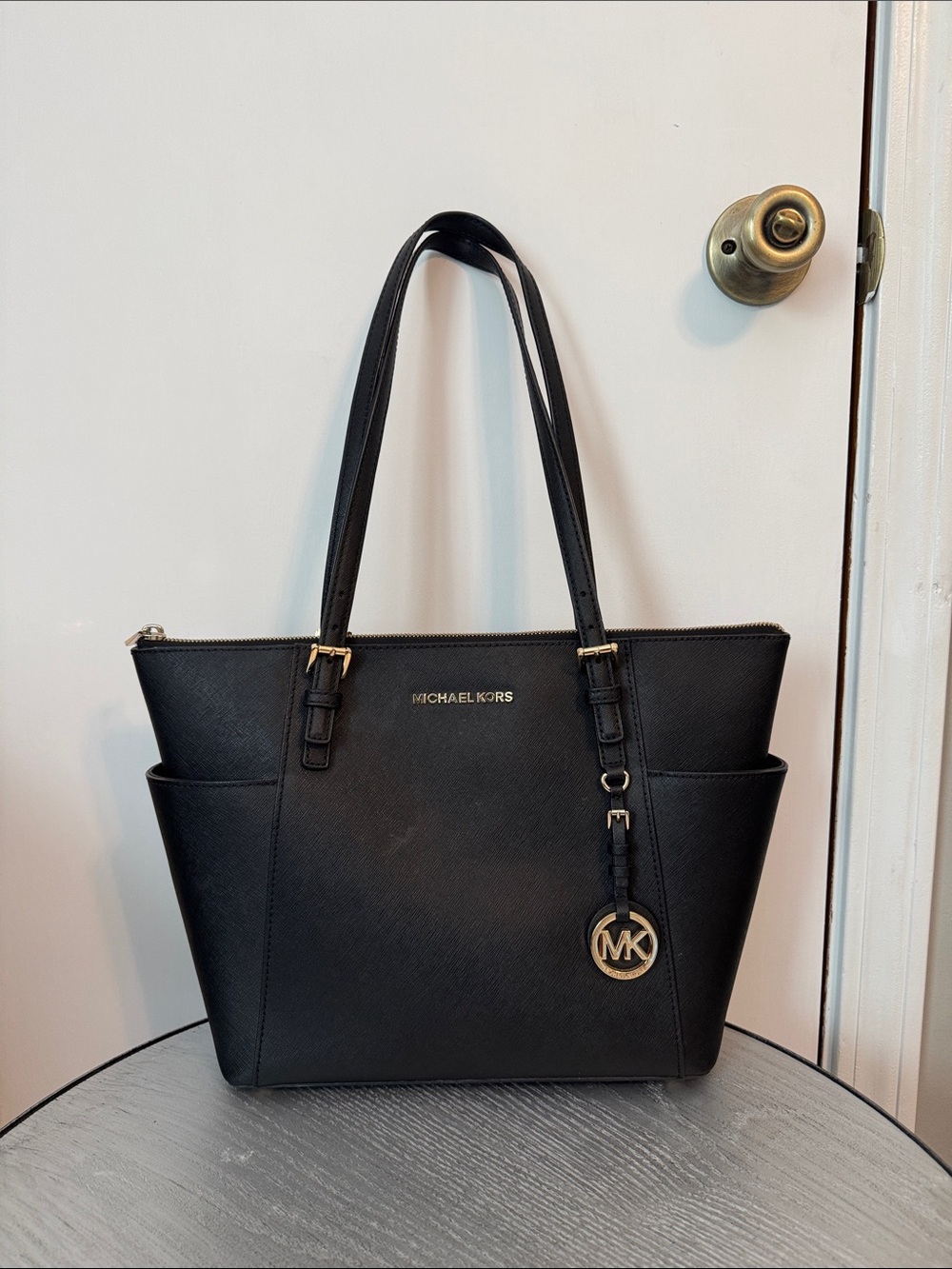 Michael Kors Black Saffiano Leather Tote with MK Charm